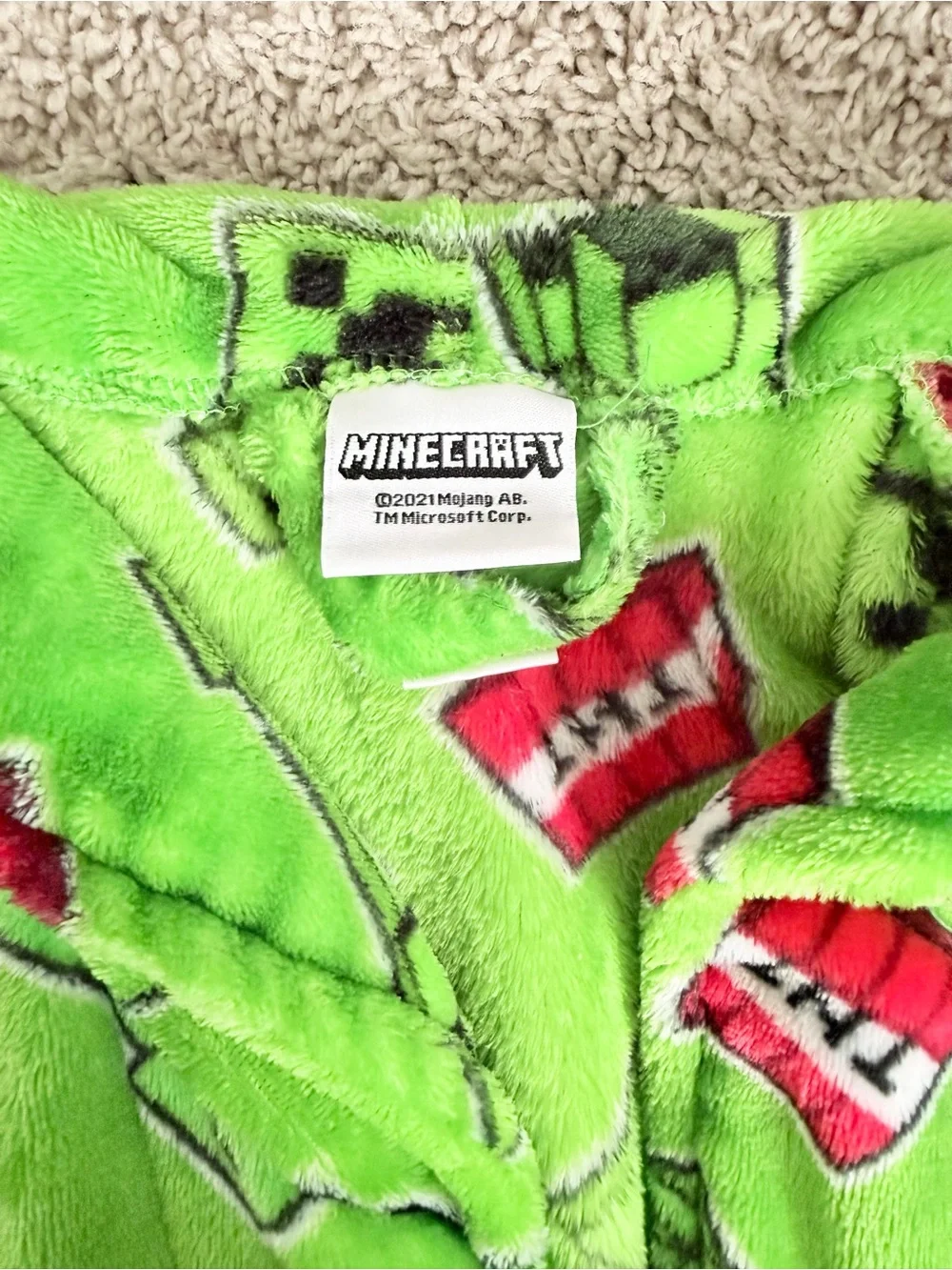 Kids Plush Robe with Minecraft Creeper & TNT Print - Green